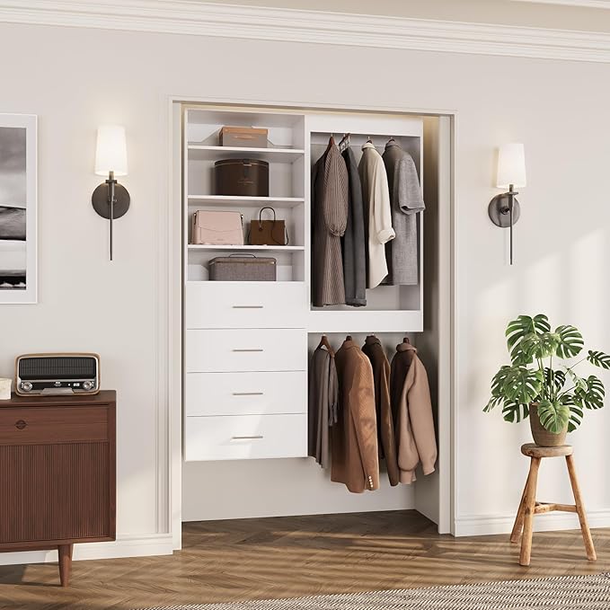 ROOMTEC Modular Closet System, 58" Wall-Mounted Closet Organizer with Drawers and Hanging Rods, Wooden Tower for Walk-In Closets, Wardrobe Storage Kit, White