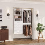 ROOMTEC Modular Closet System, 58" Wall-Mounted Closet Organizer with Drawers and Hanging Rods, Wooden Tower for Walk-In Closets, Wardrobe Storage Kit, White