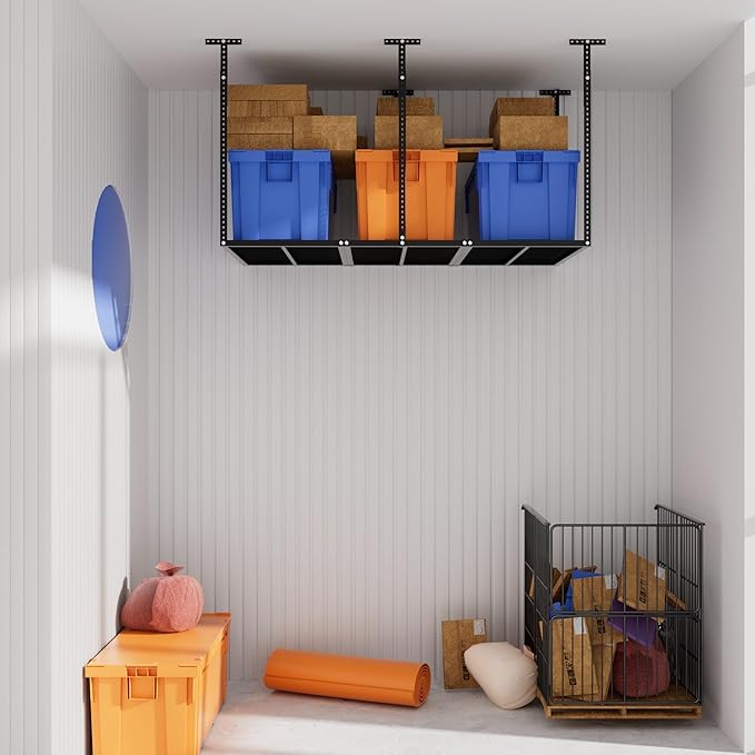 3x6 ft Heavy Duty Adjustable Ceiling Mounted Storage Rack, Overhead Garage Storage Rack 750lbs Capacity Alloy Steel, Customizable Height, Easy Access for Organize Tools, Gear, Containers Black