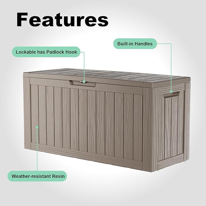 85 Gallon Outdoor Waterproof Resin Storage Deck Box Lockable Outside Bench UV Resistant Bin Patio Porch Furniture Pool Float Garden Tool Cushion Grey