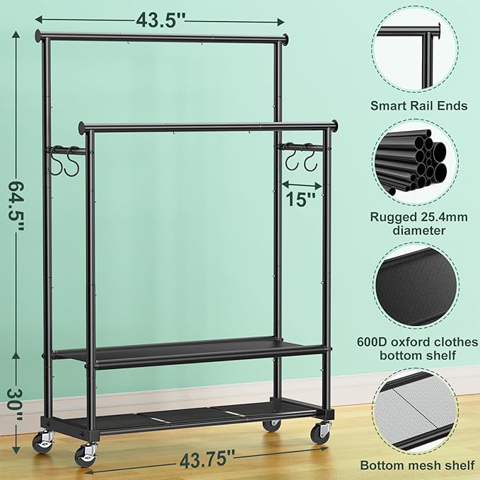 Double Rods Clothes Rack for Hanging Clothes, Heavy Duty Rolling Clothing Rack with Wheels, Freestanding Garment Racks with Oxford Bottom Shelf and Mesh Bottom Shelf for Bedroom Laundry Living Room