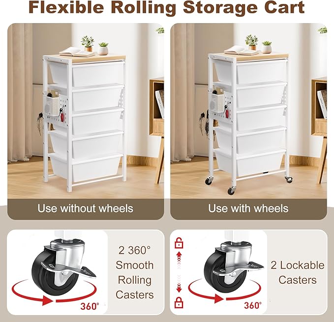 Rolling Cart with Drawers, Rolling Storage Cart with 6 Large Plastic Drawers & Wooden Tabletop, Utility Cart with Pegboards & Basket, Storage Drawers Cart for Living Room, Classroom, Bedroom, Office