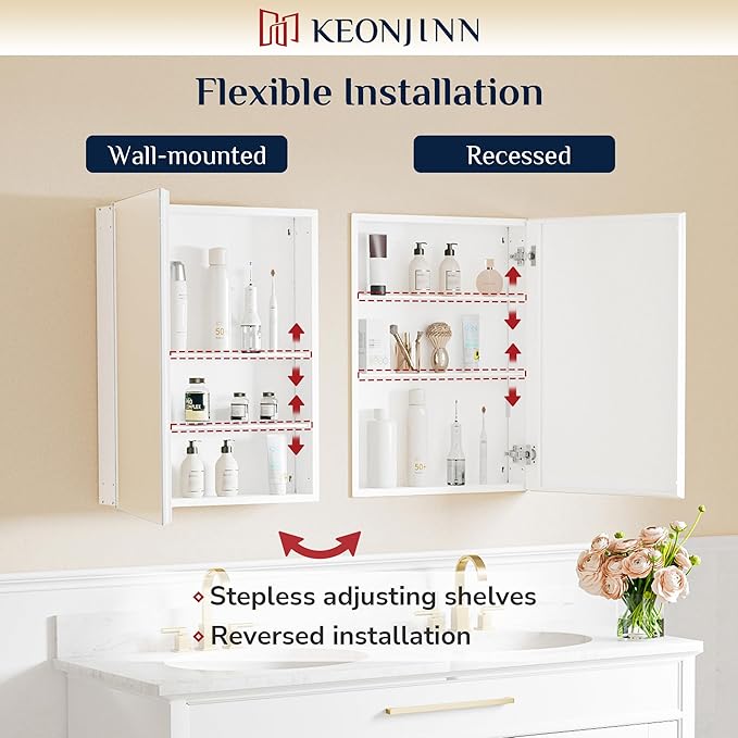 Keonjinn 30 x 26 Inch White Medicine Cabinet Mirror, Assembly Needed, in Wall Medicine Cabinets for Bathroom, Lightweight, Adjustable Shelves, Tempered Glass, Soft Closing, Recessed or Wall Mount