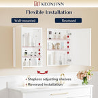Keonjinn 48 x 32 Inch Large Medicine Cabinet Mirror, Assembly Required, White Bathroom Medicine Cabinets, Aluminum Framework, Adjustable Shelves, Tempered Glass, Soft Closing, Recessed or Wall Mount