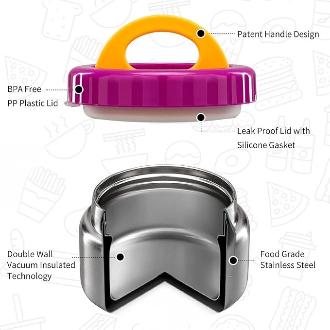 MAISON HUIS 8oz Soup Thermo Wide Mouth Vacuum Insulated Thermo Jar, Leak Proof Stainless Steel Food Container for Hot&Cold Food Kids Lunch Soup for School Travel (Purple)