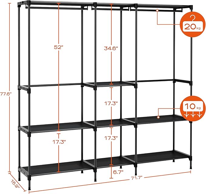 Clothes Rack, Portable Closet, 71.7 Inch Large Capacity Wardrobe Closet, Clothes Storage Organizer with Shelves and 3 Hanging Rods, Easy to Assembly, Black PCT035B01