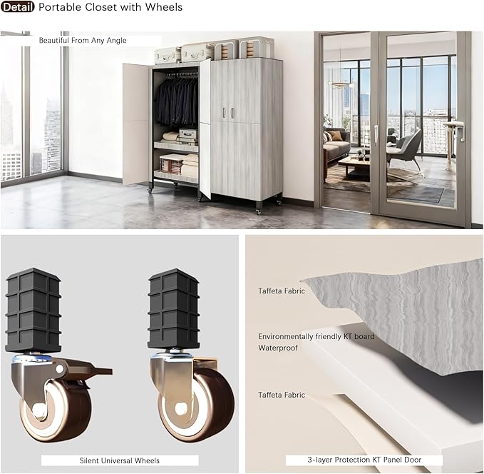 Heavy Duty Portable Closet with Cover Magnetic Doors, Metal Rolling Clothes Rack Heavy Duty 1500LBS, Foldable Clothing Rack, Garment Racks for Bedroom/ LivingRoom/ Rental (KT Woodgrain Gray, 66.14in)