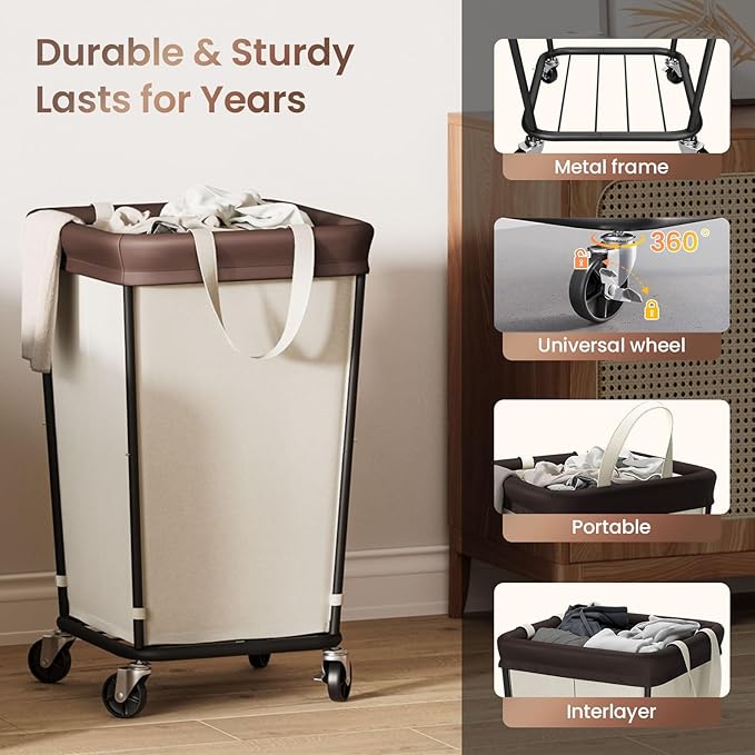 160L Laundry Basket with Wheels, 2-section Rolling Laundry Basket, Large Laundry Hamper with Wheels, Rolling Laundry Hamper Clothes Hamper for Home, Bathrooms and Dorm(Beige)
