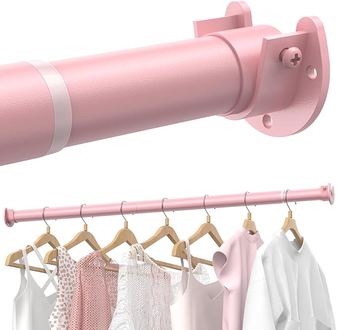 Closet Rods for Hanging Clothes, 17 to 39 Inches Stepless Adjustable Metal Closet Rod, 1.3 Inches Heavy Duty Clothes Hanging Rod for Closet Wardrobes Laundry RV, Pink