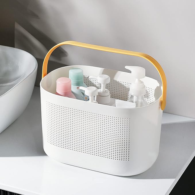 UUJOLY Plastic Storage Baskets with Handles, Shower Caddy Shelf Organizers Basket for Bathroom, Kitchen, Dorm Room, Yellow