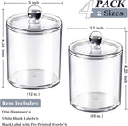 SheeChung 4-Pack Clear Acrylic Apothecary Jars with Labels - (2) 10oz & (2) 12oz Qtip Holder Set - Shatterproof Bathroom Vanity Organizer for Cotton Swabs, Balls, Pads - Minimalist Decor