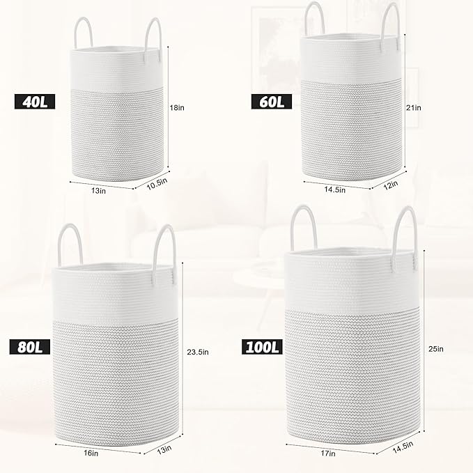 Laundry Basket,Woven Cotton Rope Laundry Hamper,Versatile Storage for Dirty Clothes,Baby Toys,and Blankets in Bathroom, Nursery,and Living Room (White, 100L)