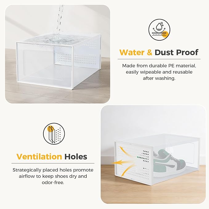 NEWBULIG 15 Pack Clear Shoe Storage Boxes, Shoe Organizer for Closet with Lid, Plastic Stackable Breathable Shoe Cabinet with Lid for Sneakers, Heels & Boots, White