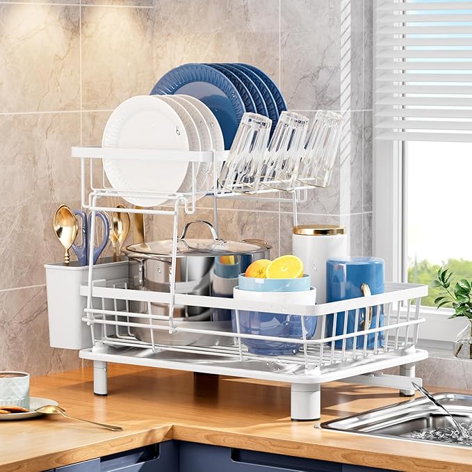 Dish Drying Rack, Stainless Steel-Dish Rack, Dish Racks for Kitchen Counter, Kitchen Dish Drainers with Removable Utensil Holder,New Drain Outlet,Plate Rack and Drainboard (White 3)