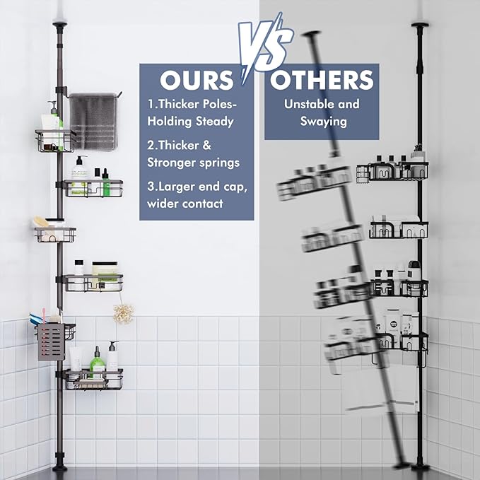 Corner Shower Caddy Tension Pole,Adjustable 30-120 Inch Bathroom Organizer Storage,Rustproof 6-Tier Shower Corner Shelves,Towel Rack, Toothbrush Holder, Soap Dish Organizers