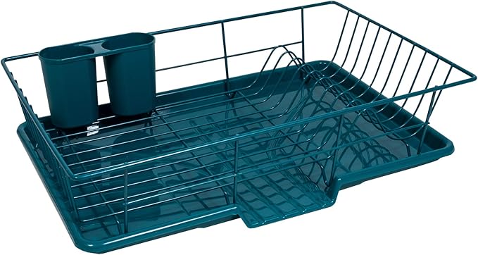 Sweet Home Collection Space-Saving 3-Piece Dish Drainer Rack Set: Efficient Kitchen Organizer for Quick Drying and Storage - Includes Cutlery Holder and Drainboard - Maximize Countertop Space, Teal