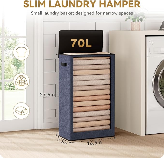 SOLEDI Slim Laundry Hamper with Lid, Narrow Laundry Basket with Removable Bags, Dirty Clothes Hamper with handle, Small Hamper perfect for Laundry room, Bathroom, Bedroom, Small spaces. 70L Navy Blue