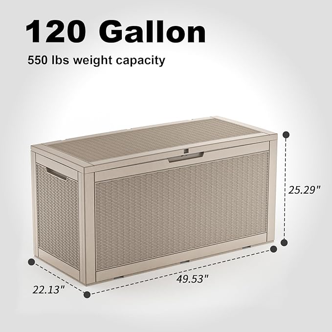 120 Gallon Deck Box Outdoor, Waterproof Outdoor Storage Boxes with Lids, Outside Resin Lockable Storage Box for Patio Cushions, Garden Tools(Grey)