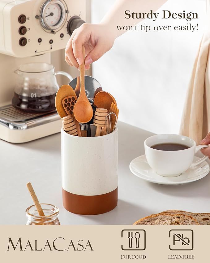 MALACASA Utensil Holder, 5.5" Ceramic Kitchen Utensil Holder for Countertop, Cooking Utensil Crock for Kitchen Counter, Farmhouse Utensil Organizer for Spatula & Spoon, Khaki White, Series TARA
