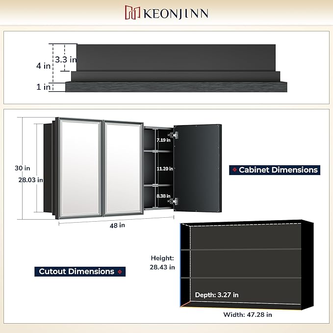 Keonjinn 48” x 30” Medicine Cabinets with Mirror for Bathroom Recessed or Surface Wall-Mounted Aluminum Alloy Framed Beveled Mirror with Soft Close Hinge, 3 Doors Silver Storage Cabinet