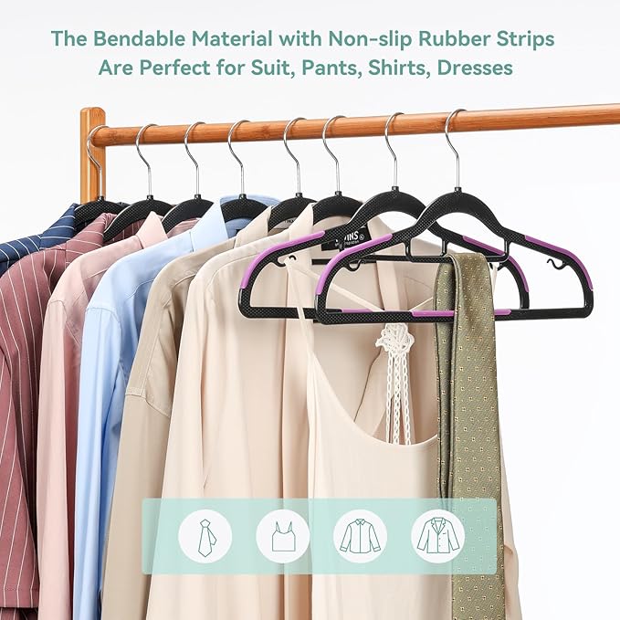 Pack of 50 Coat Hangers, Space-Saving Plastic Clothes Hangers, Non-Slip, 0.2 Inches Slim, 360° Swivel Silver Hook for Shirts, Pants, Suit & Wet/Dry Garments, Purple and Black