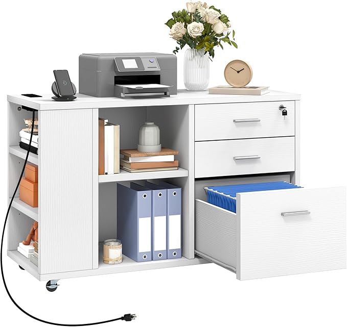 DWVO File Cabinet with Charging Station, 3 Drawer Mobile Office Furniture, Lateral Filing Cabinet with Lock, Printer Stand with Open Storage Shelf for Home Office, White