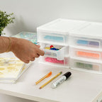 IRIS USA Plastic Stacking Desk Top 3-Drawer Storage Organizer, 2-Pack, for Makep Vanity Nail Polish Bathroom Stationery Art Craft Supplies Kitchen Office Garage and Small Organization, Small, White
