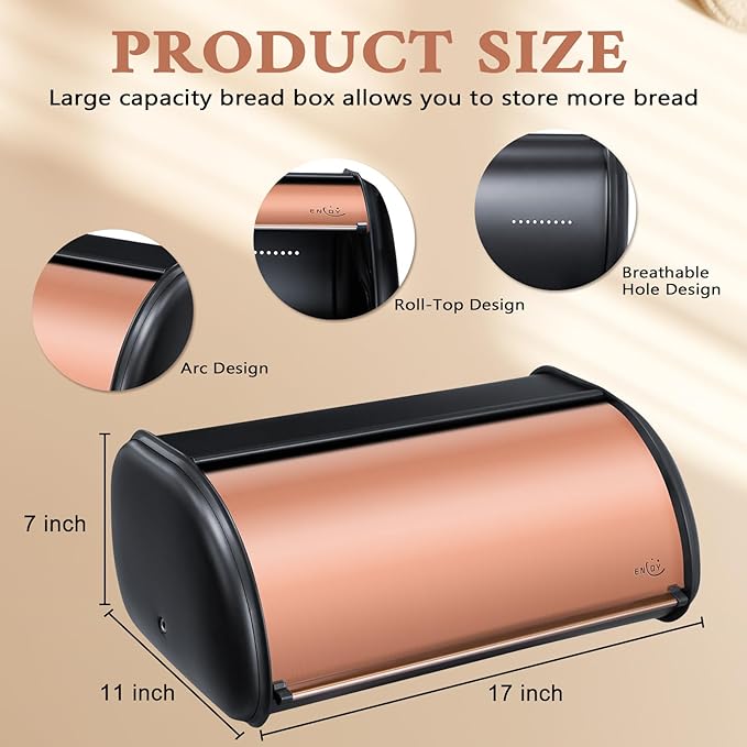 ENLOY Bread Box for Kitchen Countertop, Stainless Steel Bread Storage Bin for Kitchen with Roll Up Lid, Large Capacity Bread Keeper Holds Large Loaves of Bread (Rose Gold) 17 x 11 x 7 IN