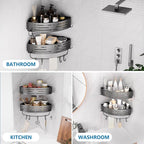 Onemake Corner Shower Caddy with Suction Cups, 2-Pack Removable Aluminum Wall Mounted Organizer Shelves Storage Rack with Towel Bar Portable Hook for Bathroom, Grey