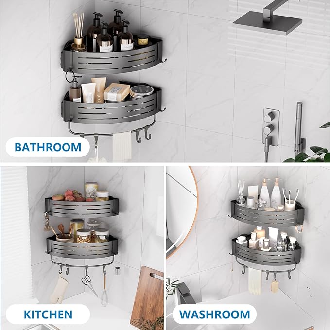 Onemake Corner Shower Caddy with Suction Cups, 2-Pack Removable Aluminum Wall Mounted Organizer Shelves Storage Rack with Towel Bar Portable Hook for Bathroom, Grey