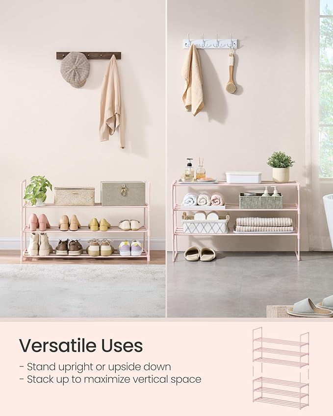 SONGMICS Shoe Rack, 3-Tier Shoe Organizer, Metal Storage Shelf, Upright or Upside Down, for 16-20 Pairs, Stackable, for Entryway, 11.8 x 36.2 x 21.7 Inches, Jelly Pink ULSA303S01
