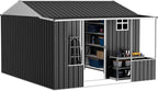 VanAcc 10×10.5×7 FT Metal Storage Shed, Dual-Zone Tool Shed with Work Area, Reinforced Frame, Gable Roof, Ventilated Design, Dark Grey