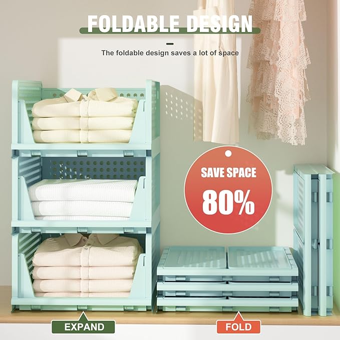 Stackable Plastic Storage Drawers for Closet Organizers and Storage, Open Storage Bins Closet Shelf Clothes Organizer for Closet Wardrobe (5, Green)