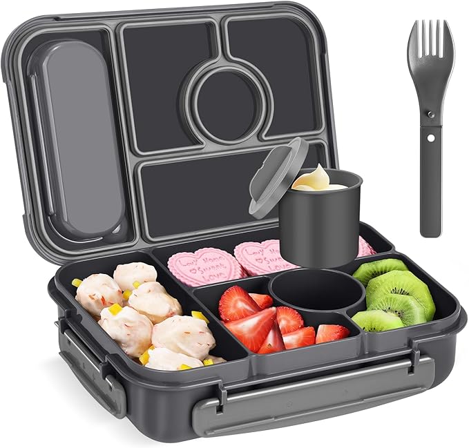 Bento Box Adult Lunch Box Kids,Lunch Containers for Adults/Kids/Toddler,5 Compartments Bento Lunch Box with Sauce Vontainers,Microwave & Dishwasher & Freezer Safe,BPA-Free (Dark Gray)