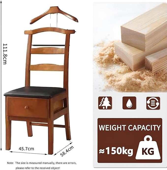Chair Valet With Drawer,Wooden Suit Valet Stand With Contour Hanger,Trouser Bar and Tie & Belt Bar, 18" W x 23" D x 44" H,Natural wood color
