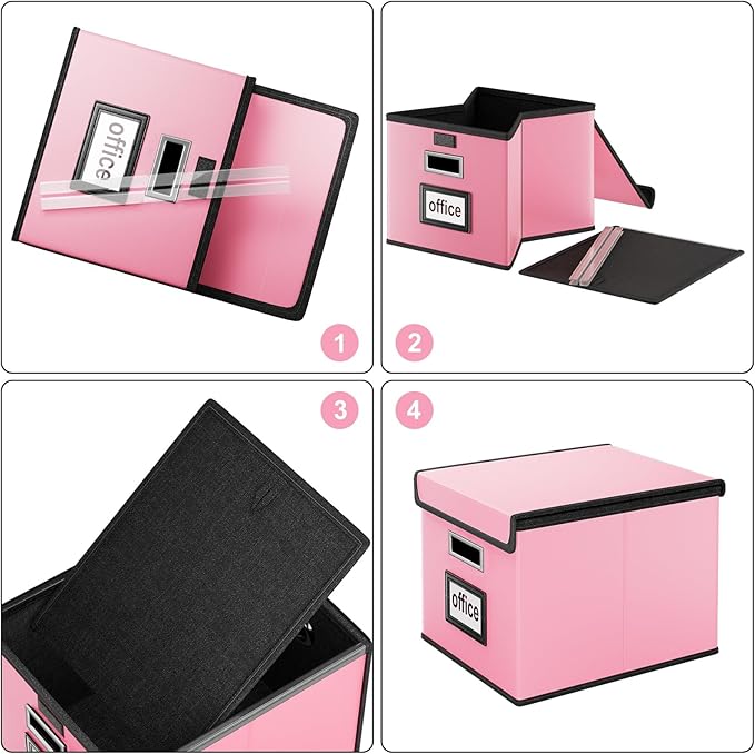 Huolewa File Organizer Box with Lid, Collapsible Leather File Folder Organizer for Office Document Storage, Filing Box with Plastic Slide for Letter/Legal Size Hanging Files, Pink