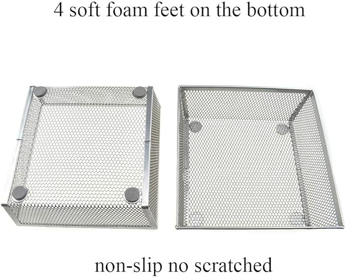 HAHIYO Stackable Mesh Tray Cup 6 x 6 x 2 inches Sturdy Container for Desk Drawer Organizer Collection for Home Office School kitchen Soft Foam Feet No Sharp Edges 2 Pack Silver