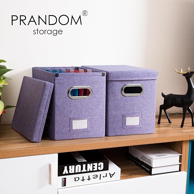 PRANDOM File Organizer Box - Set of 2 Collapsible Decorative Linen Filing Storage Hanging File Folders with Lids Office Cabinet Letter Size Purple (14x9.3x10.8 inch)