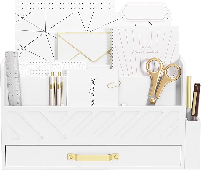 Bamboo Desk Organizer Mail Holder Countertop Wood Desk Drawer Tabletop Storage Box Pen Holder Letter Sorter Makeup Organizer for School Home Office Supplies with Pen Holder White