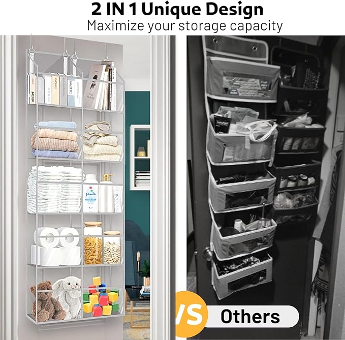 Over the Door Organizer 5 Tiers,Extra Large Behind Door Storage of 10 Compartments,50 lbs Weight Capacity Over the Door Storage, Clear Door Hanging Organizer for Closet, Diaper Organizer