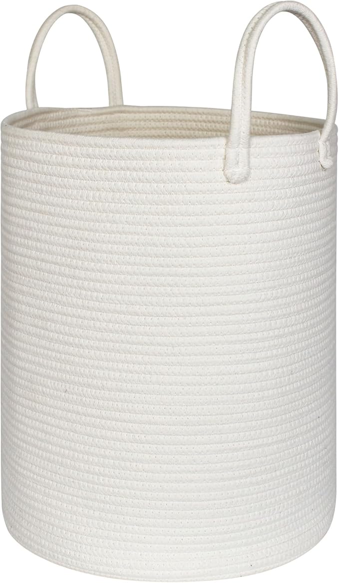 Large White Laundry Basket, 15"x18" Tall Blanket Storage Living Room, XL Cotton Rope Toy Bin for Organizing, Wicker Woven Baby Nursery Laundry Hamper with Handle, White Room Decor Aesthetic