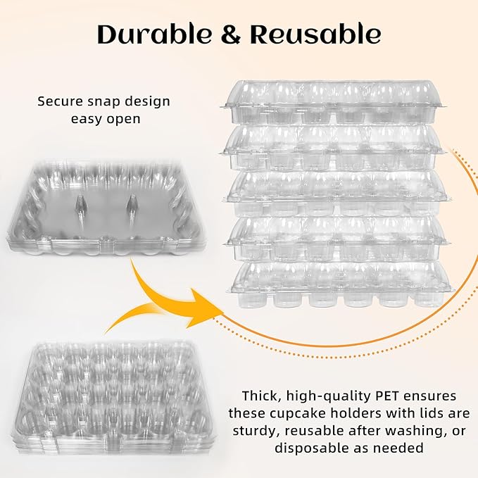 (24 Count x 10 Sets Plastic Cupcake Containers with Liners, Clear Cupcake Holder with Lids, Disposable Cupcake Carrier for Bakery, Cupcake Storage Box for Parties, Bake Sale Packaging