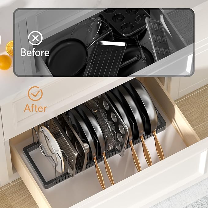 Pots and Pans Organizer under Cabinet, Expandable Pot Lid Organizer Holder with 12 Adjustable Compartment, Pan Organizers inside Cabinet for Lids, Bakeware, Kitchen Storage Pot Rack, Black