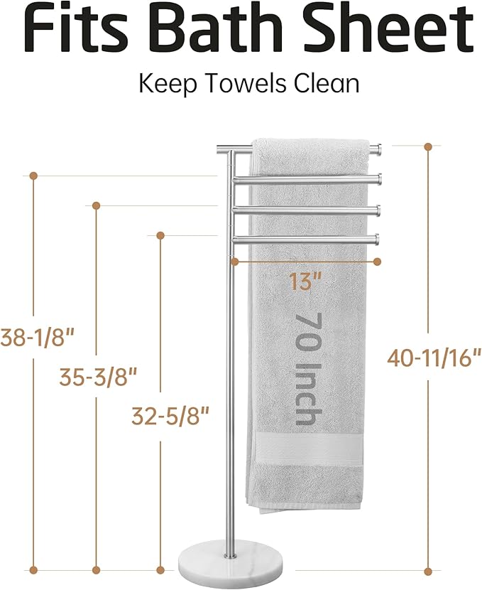 KES Free Standing Towel Racks for Bathroom, Towel Stand with Natural Marble Base, 40 Inch 4 Swivel Bars Floor Towel Rack Stand, Premium 18/8 Stainless Steel, Brushed Finish, BTH219S4-2