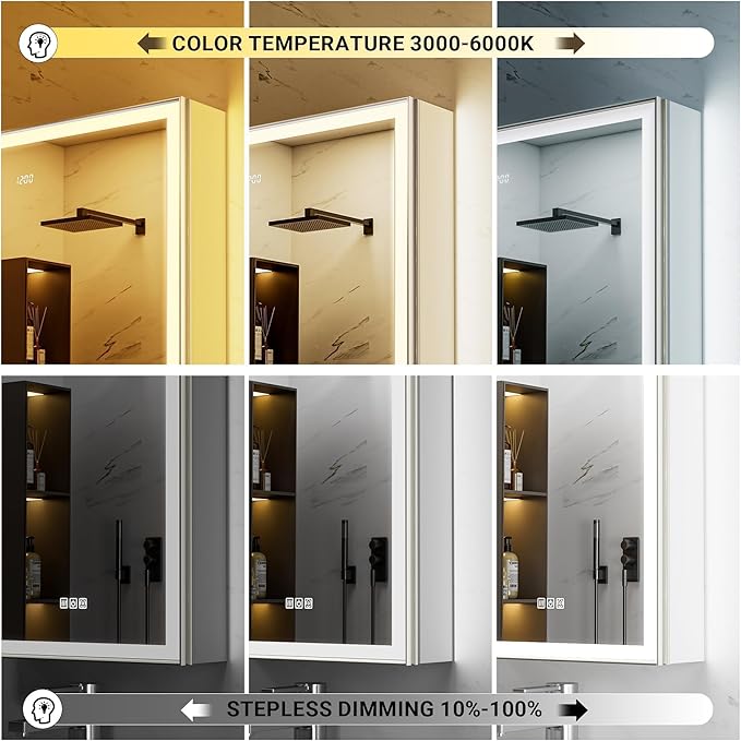 20x32 Lighted Medicine Cabinet, Beveled Brushed Nickel Framed Surface or Recessed Fogless Dimmable LED Medicine Cabinet with Mirror, Outlet, Time Display and Sensor Inner Light