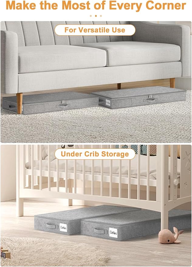 punemi Low Profile Under Bed Storage, 4 Inch Height Underbed Storage Containers With Sturdy Sidewalls & Bottom, Shallow Under Bed Organizer Clothes Storage Bins, Slim Under Couch Sofa Dresser Storage