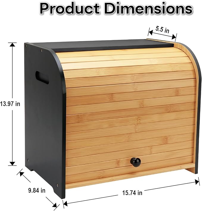 Bread Box for Kitchen Countertop, Double Layer Bamboo Bread Storage Container for Homemade Bread, Roll Top Bread Box with 3 Adjustable Height for Kitchen Counter, Black Breadbox Organizer