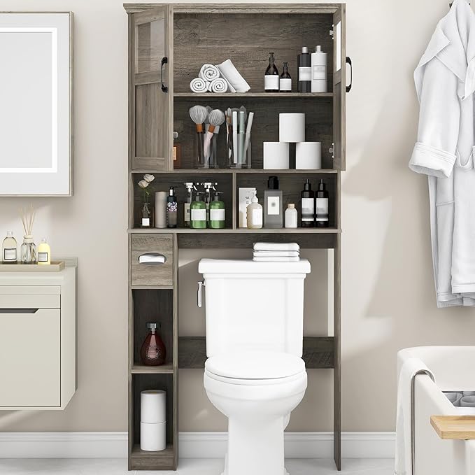 Vabches Over-The-Toilet Storage Cabinet with Double Doors, Toilet Paper Holder Stand & Adjustable Shelf, Freestanding Space Saver, Grey