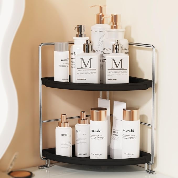 2-Tier Bathroom Organizer Countertop Corner - Makeup Organizer Cosmetic Perfume Holder Bedroom Storage Shelf or Kitchen Spice Rack (Chrome + Black)