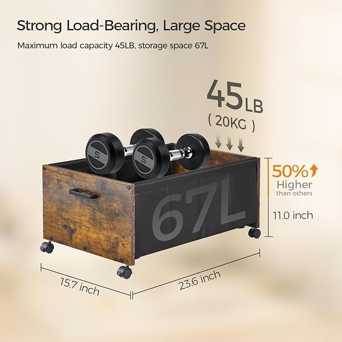 Under Bed Storage with Wheels, Wooden Under Bed Drawers On Wheels, Rolling Under Bed Shoe Storage, Space Saving, Rustic Brown,70L